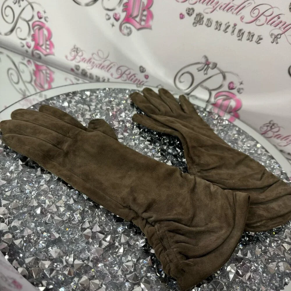 Holt renfrew gloves mittens taupe brown grey nude leather silk cinched sides 7